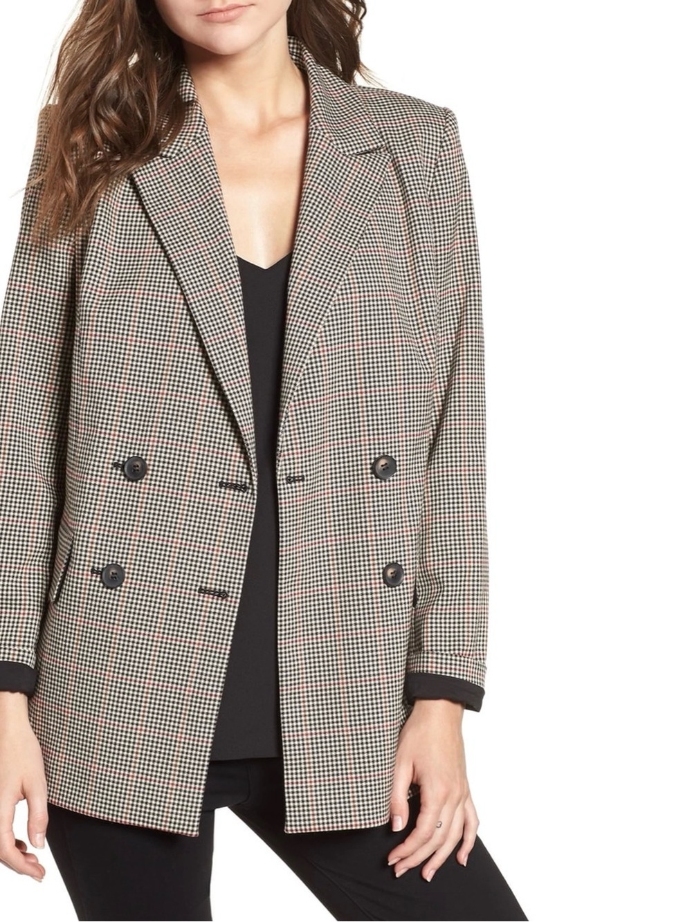 Trouve Houndstooth Double-Breasted Blazer - Beige and Black